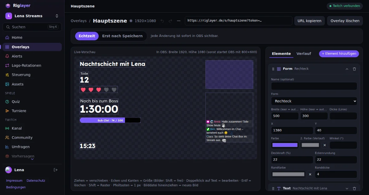 The Riglayer editor: in the middle the live preview of a stream overlay with title, counter, hearts, timer, progress bar and chat, on the right the settings of the selected element